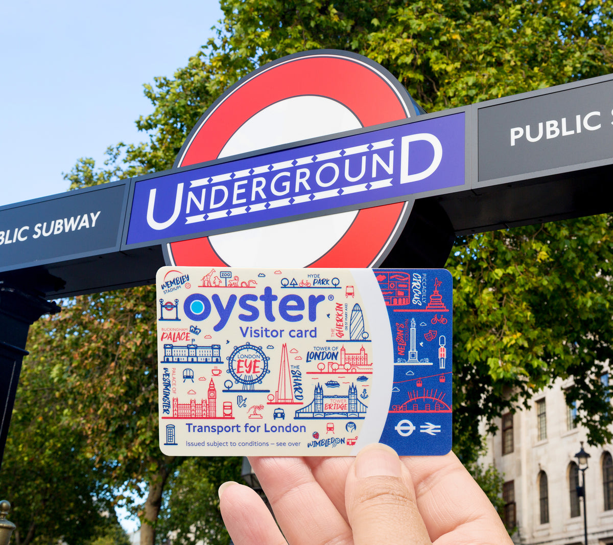 Visitor Oyster card held in front of a London Underground sign